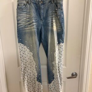 ABS Allen Schwartz Blue and White Artistic Straight Leg Jeans